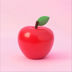 Obraz premium Artificial red apple with green leaf on pastel pink background, symbolizing health, simplicity, education