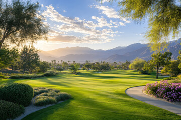 Golf course greenery illuminating under sunset glow with majestic mountain backdrop