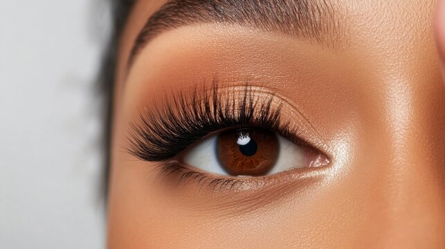 Close up of a woman's eye with brown iris, long dark lashes, and gold glitter eyeshadow. Soft lighting and neutral