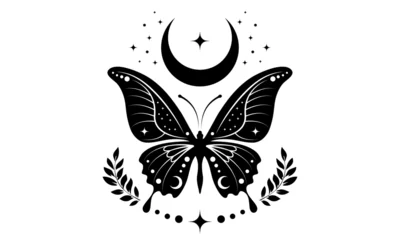 Peel and stick wall murals mystical butterfly and celestial crescent moon symbol. Pagan wiccan design. Esoteric boho moth logo for spiritual practices of ethnic and rites, vector isolated on white background