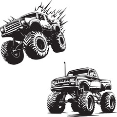 Set of Monster Truck Racing car silhouette black and white © AP vector & Png