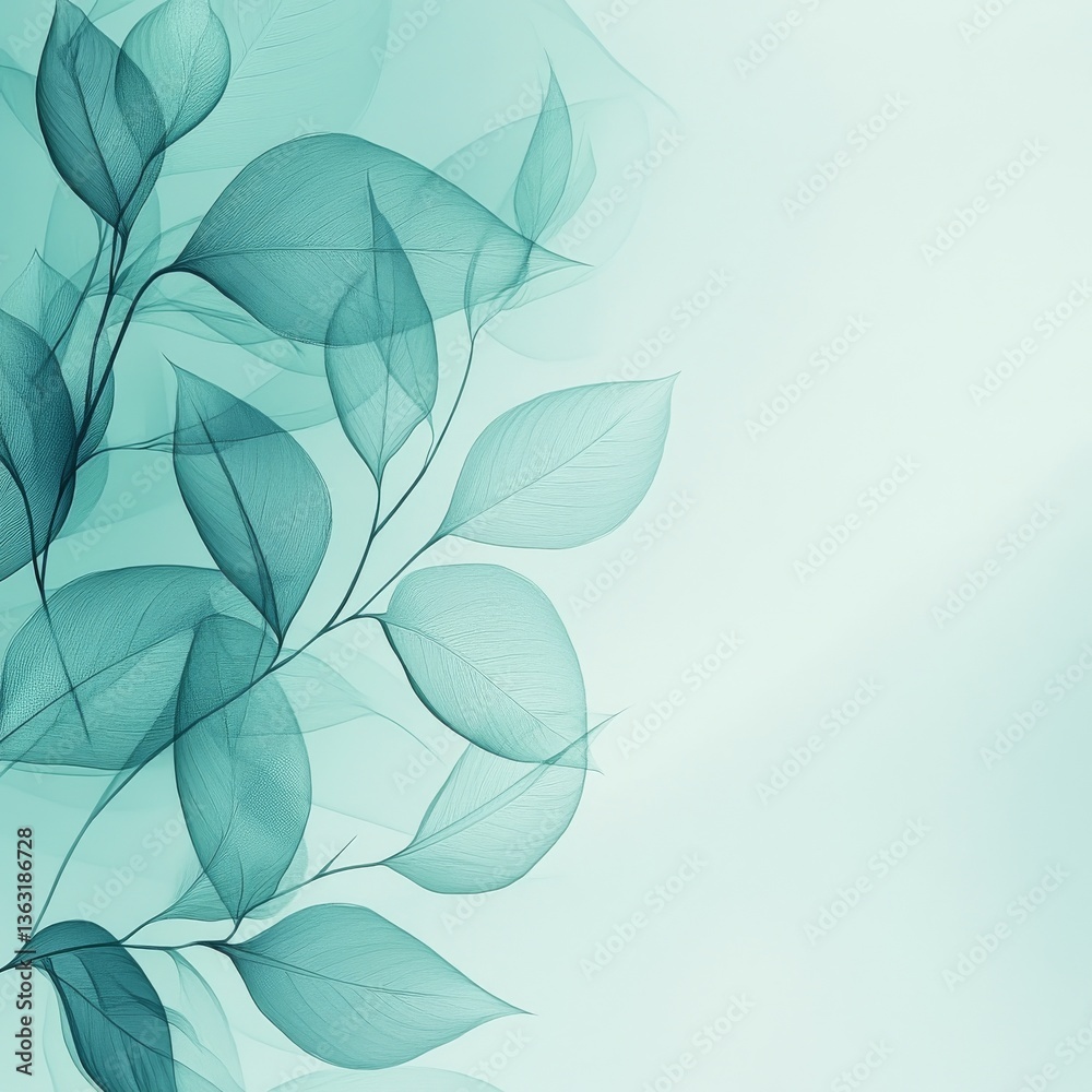 Poster elegant sheer leaves in teal: a delicate botanical composition with copy space for artistic presenta