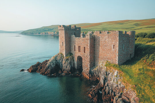 Manorbier Castle in Wales, stone walls, ocean backdrop, historic and picturesque