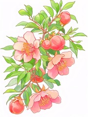 Pink Camellia and Pomegranate Branch Watercolor Painting