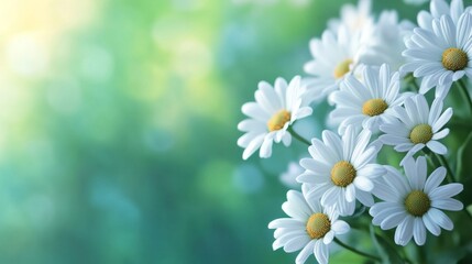 White daisies blooming in a sunny garden, symbolizing purity and new beginnings, springtime floral background