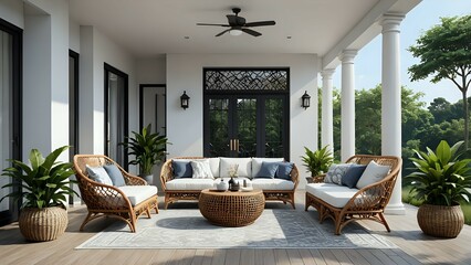 Relaxing outdoor patio furniture set on a porch, featuring rattan chairs and sofa, coffee table, plants, and a ceiling fan.  Perfect for summer relaxation.