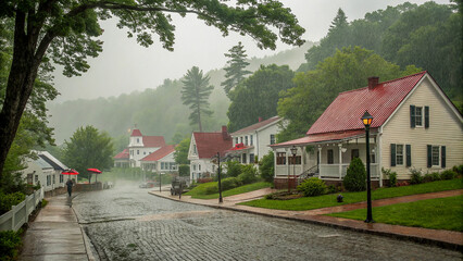 Rainy Day Village Scene in a Historical Setting