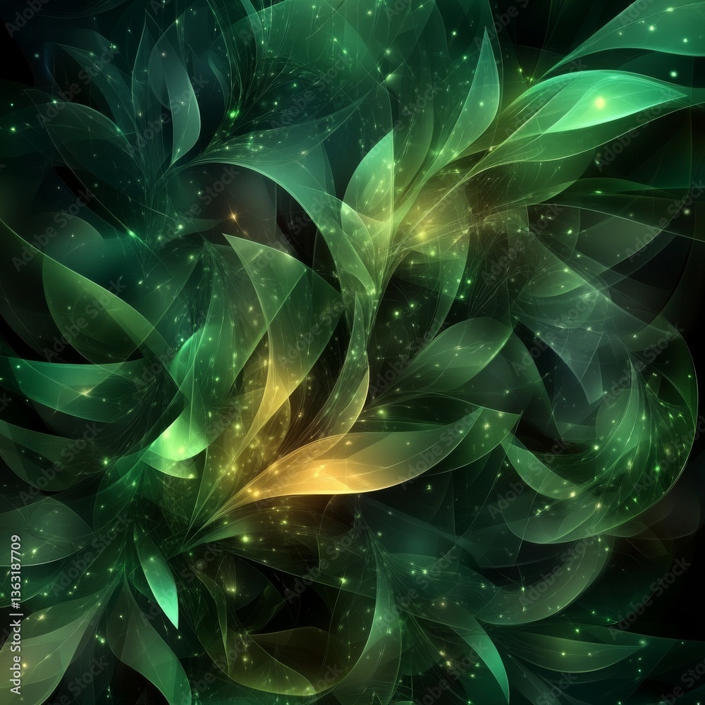 Poster ethereal emerald garden: abstract green and gold floral pattern with luminous highlights and sparkli