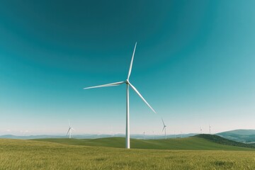 Fototapeta premium wind farm stretching across rolling hills with turbines gently spinning against blue sky showcasing sustainable energy