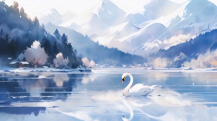 White Swan on a Calm Mountain Lake in Winter