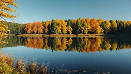 Obraz premium Serene autumnal lake reflecting vibrant golden and orange trees under a clear blue sky. Perfect for nature, travel, and fall themed projects.