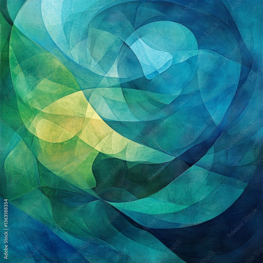 Poster flowing hues: a textured abstract depiction of intertwined teal, blue, and green forms with subtle y