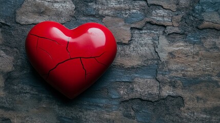 Obraz premium Cracked red heart on weathered wood background, symbolizing heartbreak and resilience, Valentine's Day, emotions
