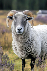 Fototapeta premium A grey Drenthe Heath sheep, typical German Heidschnucke sheep with horns in a pasture