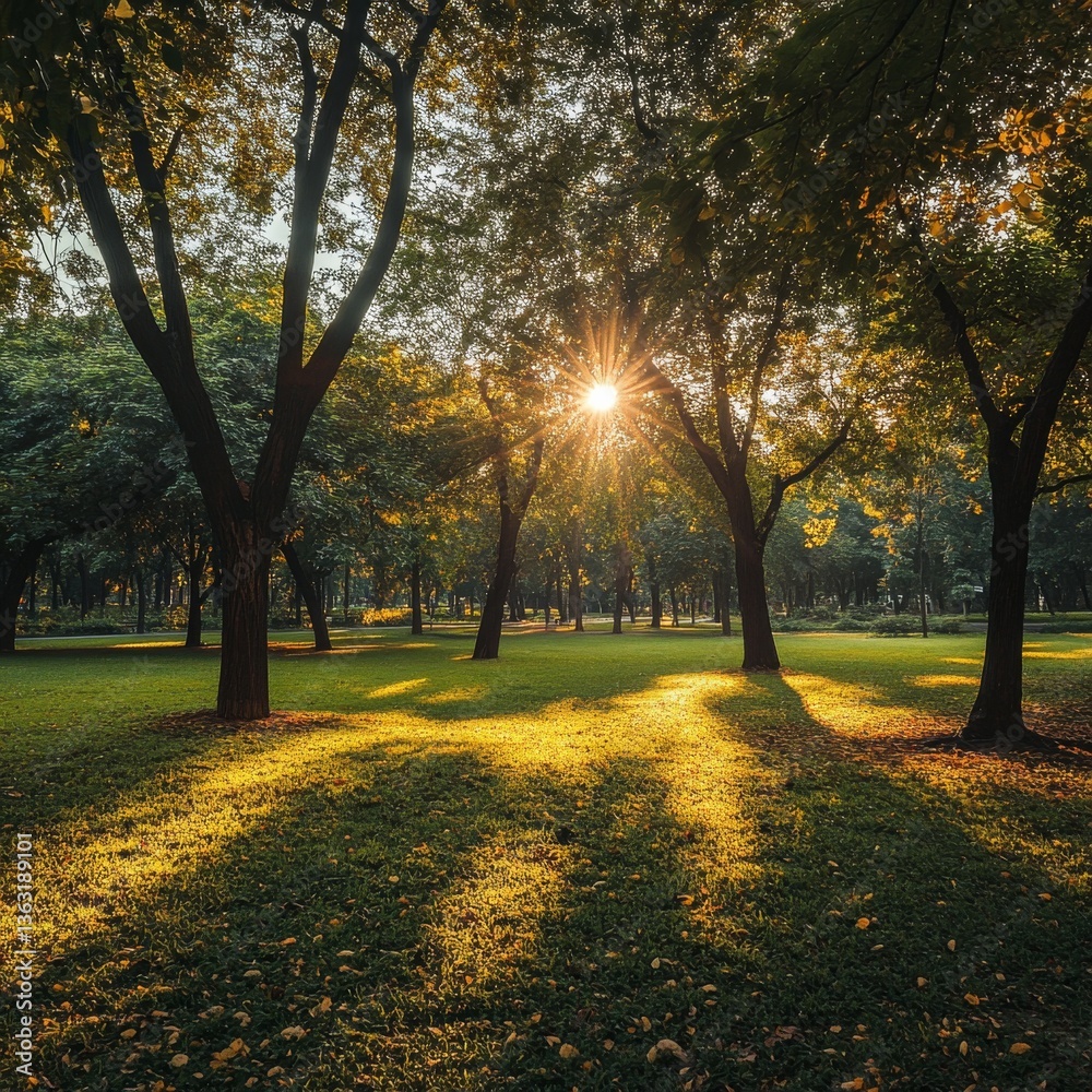 Poster golden hour at the park: sunlight filtering through the trees, casting shadows on the lush green law
