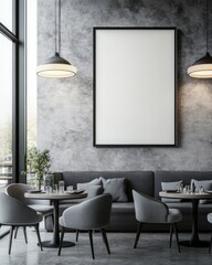 Modern cafe interior with empty frame.