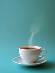 Steaming Coffee Cup on Teal Background Minimalist Still Life Inviting Warmth and Comfort for Morning Rituals Simple Pleasures and Serene Moments