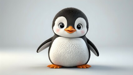 Obraz premium Adorable 3D rendering of a fluffy baby penguin chick, standing on a neutral background, perfect for children's books, websites, or branding.