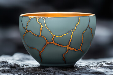 Kintsugi pottery cup without a handle, elegantly repaired with golden seams, isolated against a dark background.