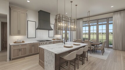 Elegant Modern Kitchen Interior with Marble Countertops and Spacious Dining Area Overlooking Nature