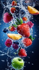 Assorted fresh fruits immersed in water creating a visually striking composition