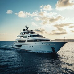 Obraz premium Luxury Yacht Gliding on Deep Blue Waters: A Coastal Escape under a Bright Sky