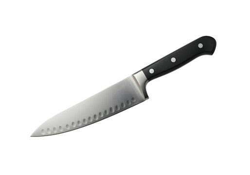 A floating kitchen knife with a stainless steel blade and black handle, isolated on a solid white background.