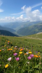 Vibrant wildflowers blooming in a mountainous landscape  