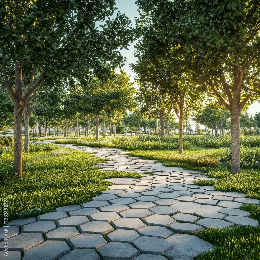 Aufkleber Pathway Through the Park: Sunlight Dappling Through Trees onto a Hexagonal Stone Path, Surrounded by Lush Green Grass