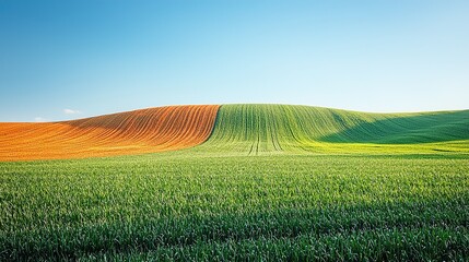Fototapeta premium Expansive green field with geometric soil patterns under gradient blue sky, contrasting earthy tones of brown, beige, and red hues on terraced hillside. 