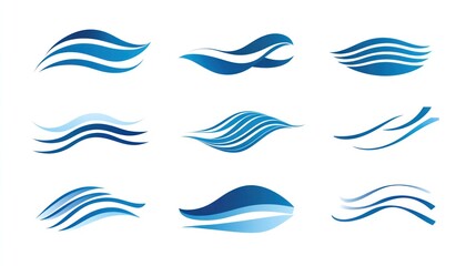 Fototapeta premium Nine abstract blue wave graphics, various styles on white, for design or decoration