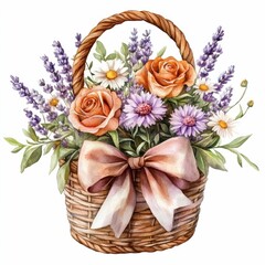 Obraz premium Cute watercolor flower basket with a bow, featuring roses, daisies, and lavender for a heartfelt Mothers Day greeting.