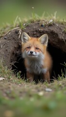 Fototapeta premium Fox cub peeking out of burrow in a lush green environment 