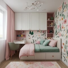 Obraz premium Girl's bedroom with pink and green decor, built-in bed and desk.
