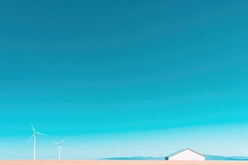 turbines majestically spin amidst vast open field under clear blue sky symbolizing renewable energy with ample copy