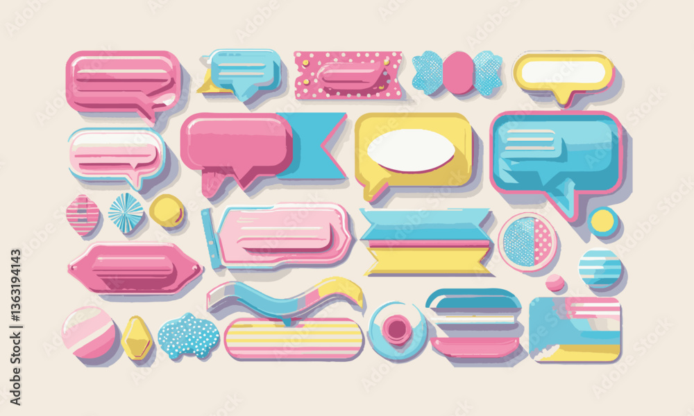 Poster a collection of retro pop-style design elements including speech bubbles, easily editable.
