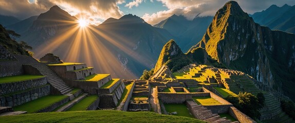 Sunrise casts golden rays over the historic site of Machu Picchu, highlighting the intricate stone ruins and surrounding lush hills. Visitors marvel at the stunning landscape