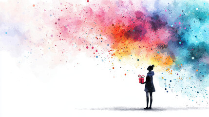 Child Holding Gift Against Vibrant Watercolor Confetti Explosion