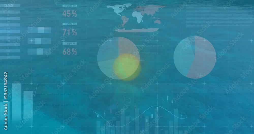 Poster creating animation with charts and graphs over ocean landscape background