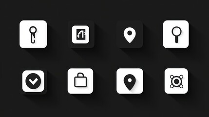 Location icons, map pins, and security symbols on dark background; UI design