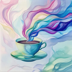Ethereal Watercolor Coffee Cup with Rainbow Steam