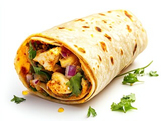 Delicious Chicken Burrito with Fresh Vegetables Ready to Eat on White