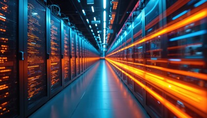 Server racks with data transfer flow lines. Digital information transfer in datacenter. Cloud computing, cyberspace, internet infrastructure, cybersecurity tech solutions.