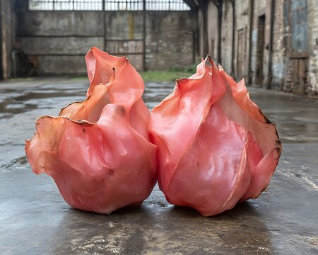 Two pink abstract floral sculptures are resting on the wet ground