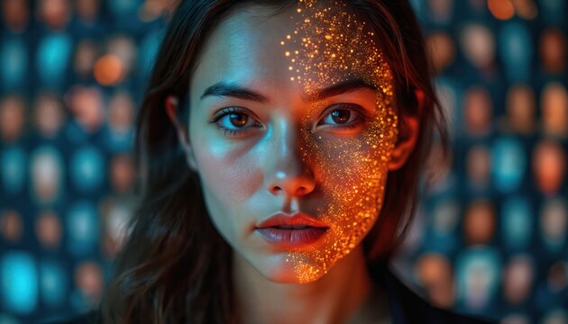 Portrait face with AI-generated sparkles. Cyber digital technology analyzes facial features in sea digital faces, using biometric recognition. Concept of identity, privacy, cyber security, digital