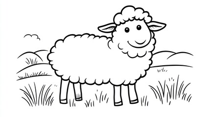 Happy sheep in grassy field, kids' coloring book illustration
