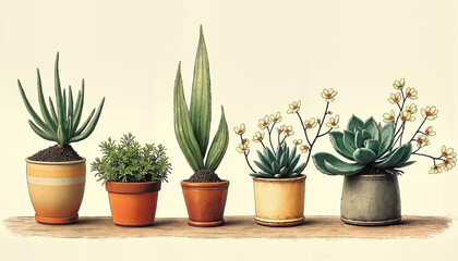 Obraz premium Five decorative potted plants illustrated in vintage style with earthy tones