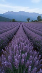 Obraz premium Lavender field blooming under mountains at dusk 