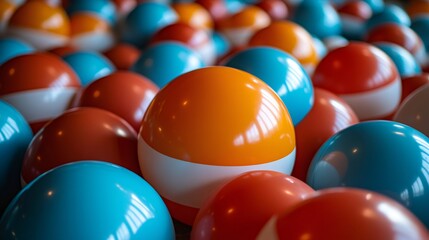 Many inflatable beach balls in various shades of orange, blue, and white create a cheerful and summery backdrop