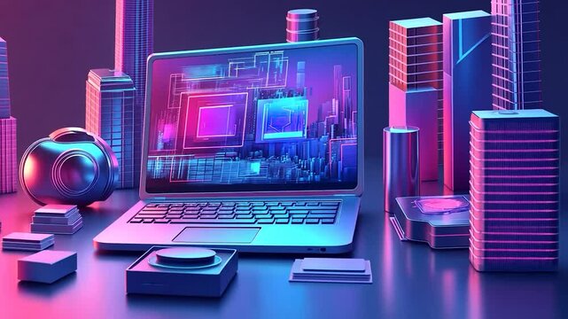 Futuristic cityscapes of technological components.